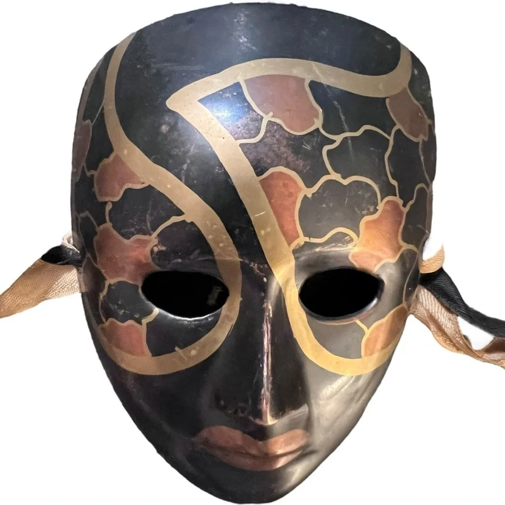 Vintage Brass Hand-Painted Masquerade Mardi Gras Theatre Mask Boho Wall Art Boho